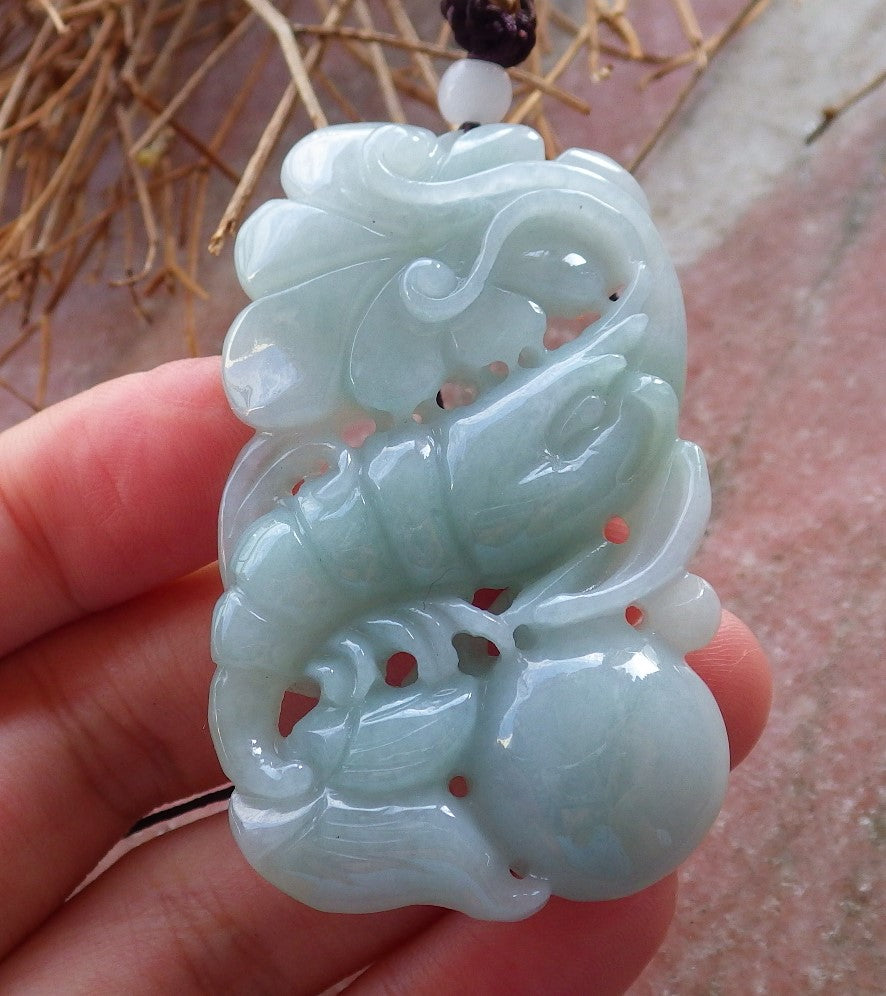 Certified Hand Carved 100% Natural Burma A Jade Jadeite Lobster Ruyi Coin Pendant Necklace