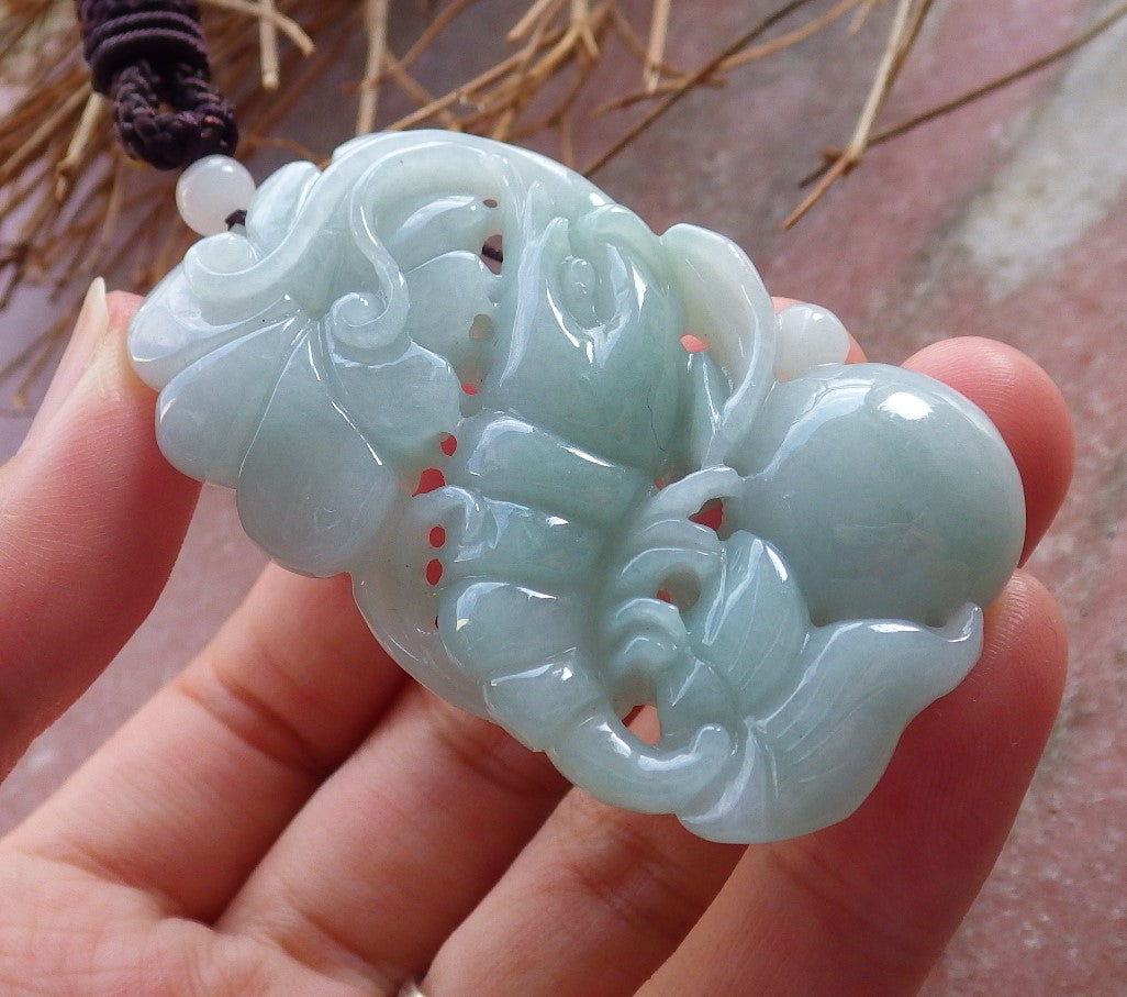 Certified Hand Carved 100% Natural Burma A Jade Jadeite Lobster Ruyi Coin Pendant Necklace