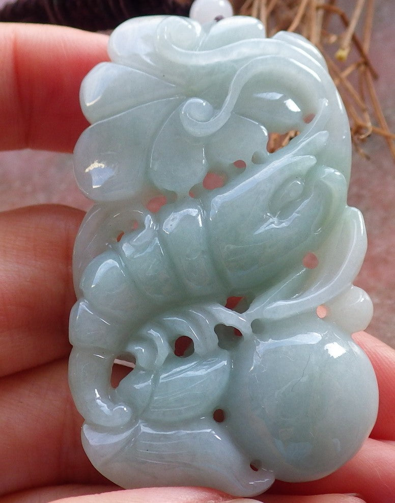 Certified Hand Carved 100% Natural Burma A Jade Jadeite Lobster Ruyi Coin Pendant Necklace