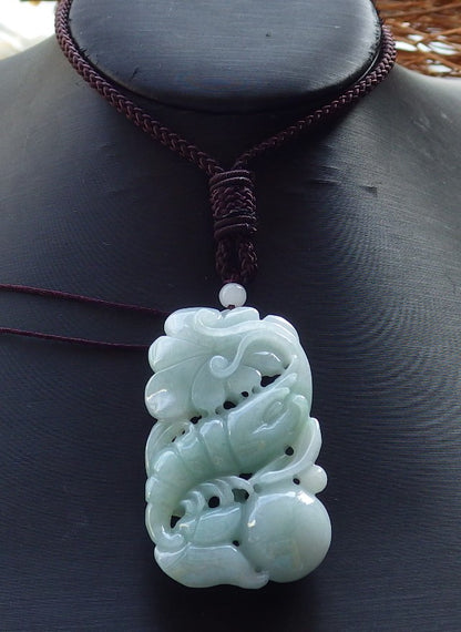 Certified Hand Carved 100% Natural Burma A Jade Jadeite Lobster Ruyi Coin Pendant Necklace