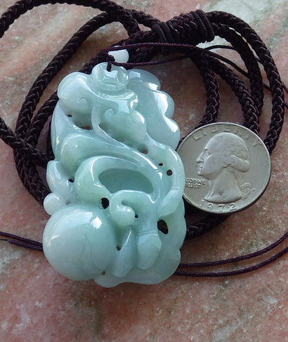 Certified Hand Carved 100% Natural Burma A Jade Jadeite Lobster Ruyi Coin Pendant Necklace