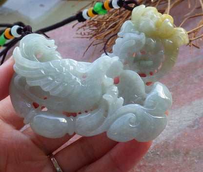 Certified Hand Carved Icy Green Yellow Natural Myanmar Burma Grade A Jade jadeite Phoenix Bird Flower Lotus Pendant Necklace