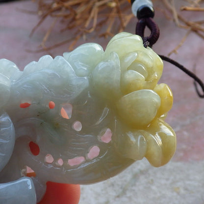 Certified Hand Carved Icy Green Yellow Natural Myanmar Burma Grade A Jade jadeite Phoenix Bird Flower Lotus Pendant Necklace