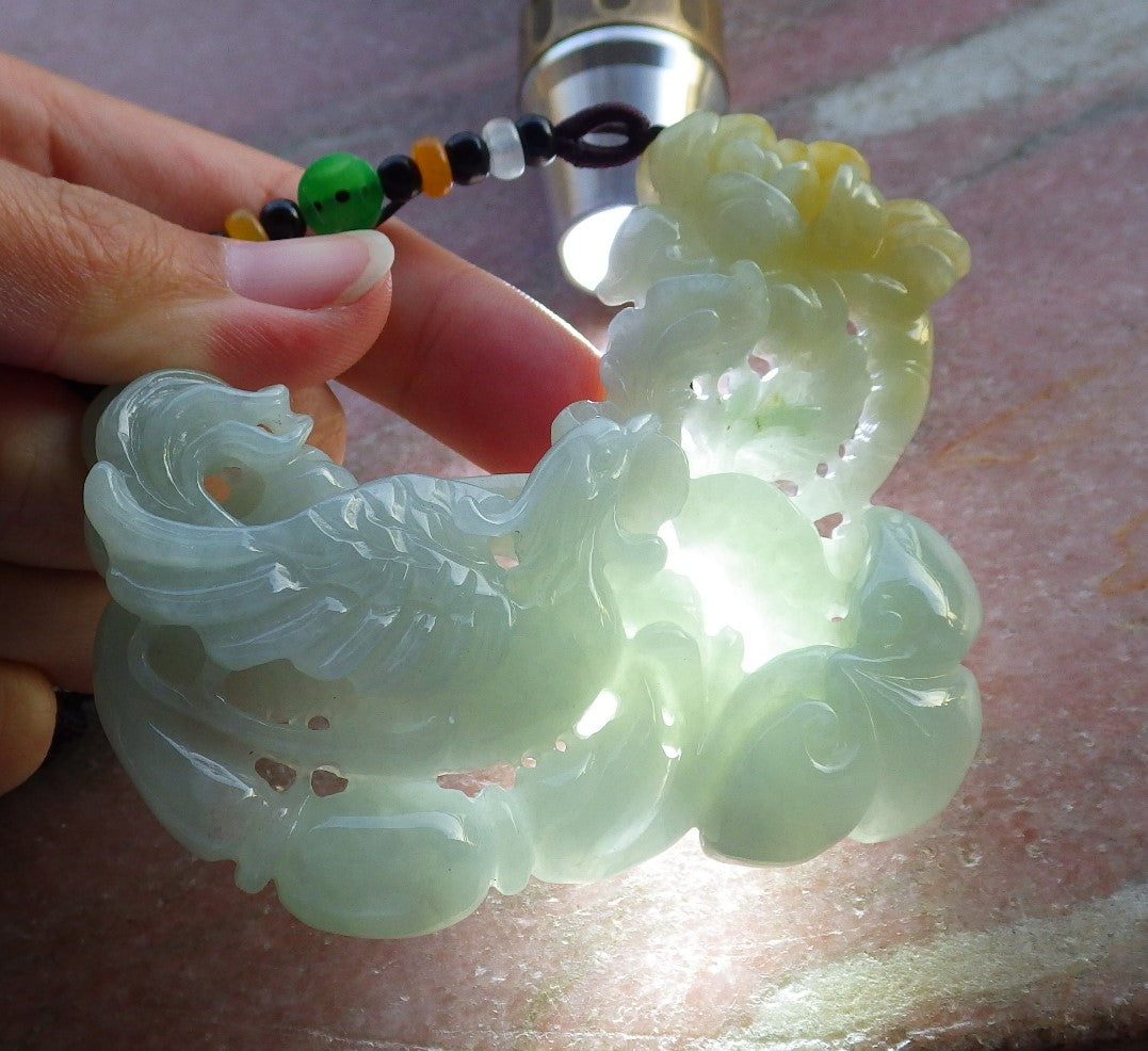 Certified Hand Carved Icy Green Yellow Natural Myanmar Burma Grade A Jade jadeite Phoenix Bird Flower Lotus Pendant Necklace