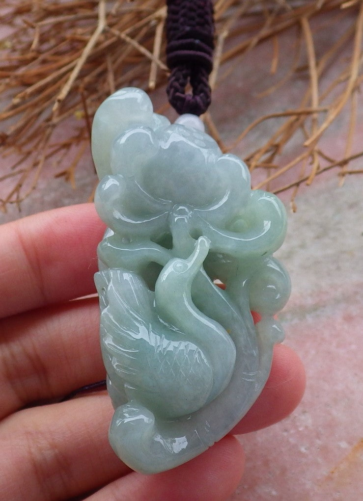 Certified Hand Carved Natural Burma Green A Jade jadeite Swan Duck Flower Lotus Pendant Necklace