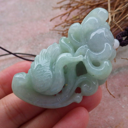 Certified Hand Carved Natural Burma Green A Jade jadeite Swan Duck Flower Lotus Pendant Necklace