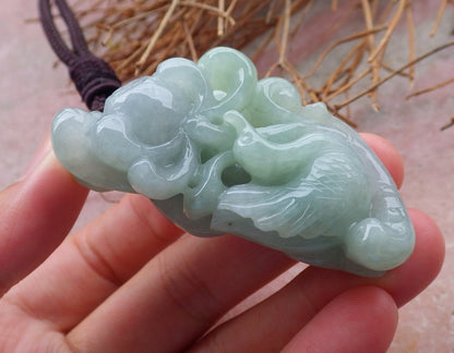 Certified Hand Carved Natural Burma Green A Jade jadeite Swan Duck Flower Lotus Pendant Necklace