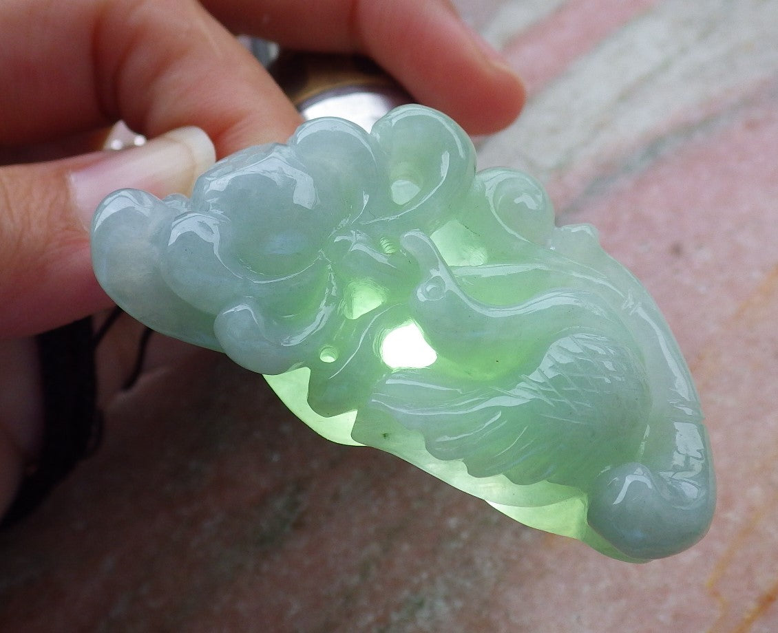 Certified Hand Carved Natural Burma Green A Jade jadeite Swan Duck Flower Lotus Pendant Necklace