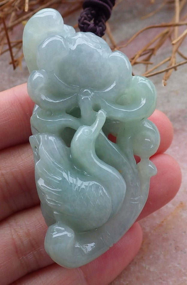 Certified Hand Carved Natural Burma Green A Jade jadeite Swan Duck Flower Lotus Pendant Necklace