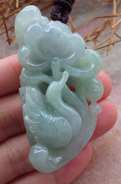 Certified Hand Carved Natural Burma Green A Jade jadeite Swan Duck Flower Lotus Pendant Necklace