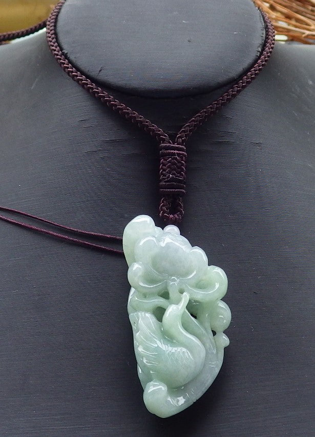 Certified Hand Carved Natural Burma Green A Jade jadeite Swan Duck Flower Lotus Pendant Necklace