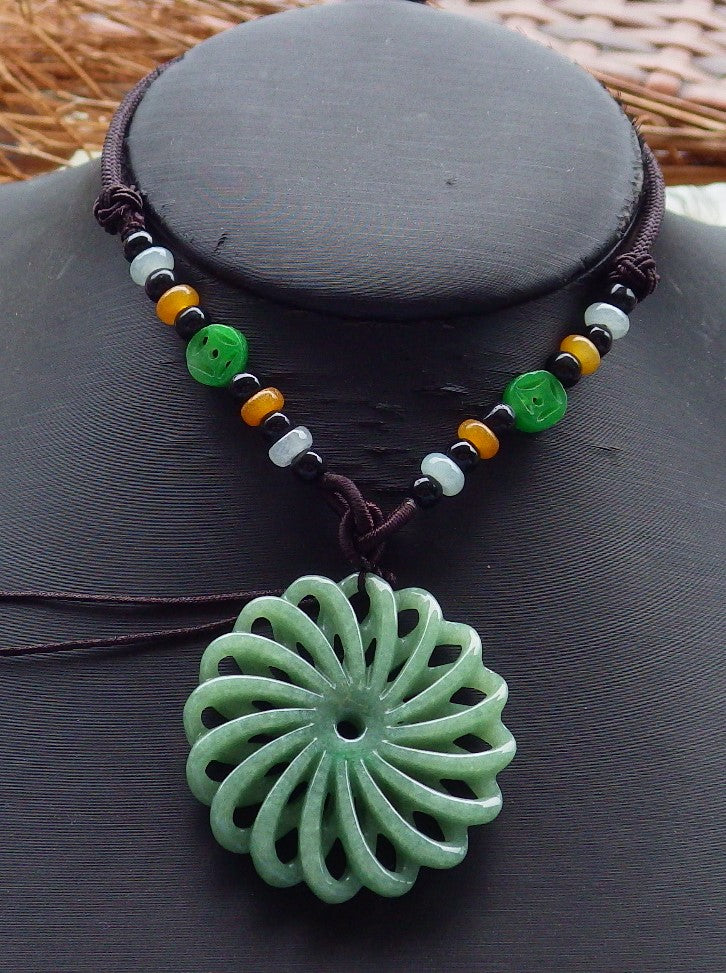 Certified Hand Carved Green Natural Myanmar Burma A Jade Jadeite Knotted Flower Circle Pendant Necklace