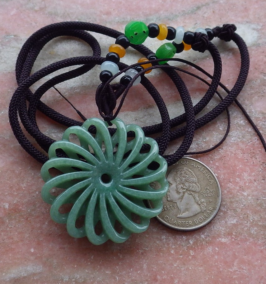 Certified Hand Carved Green Natural Myanmar Burma A Jade Jadeite Knotted Flower Circle Pendant Necklace