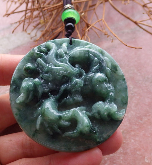 Certified Hand Carved Green Natural Burma A Jade Jadeite Dragon Bead Ruyi Pendant Necklace