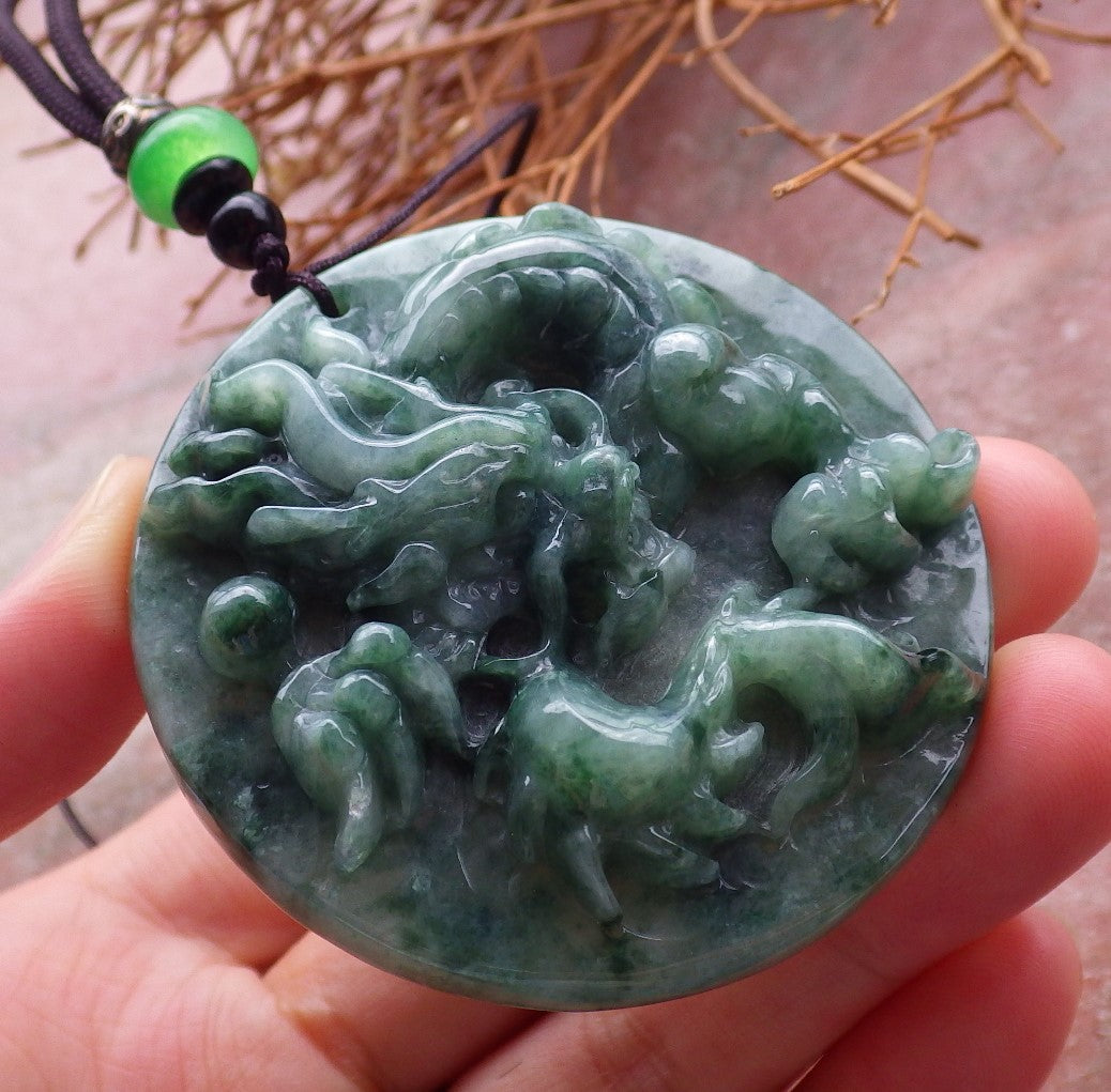 Certified Hand Carved Green Natural Burma A Jade Jadeite Dragon Bead Ruyi Pendant Necklace