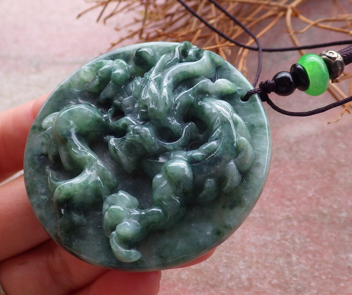 Certified Hand Carved Green Natural Burma A Jade Jadeite Dragon Bead Ruyi Pendant Necklace