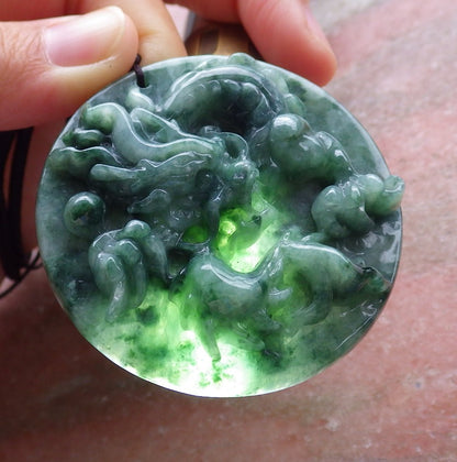 Certified Hand Carved Green Natural Burma A Jade Jadeite Dragon Bead Ruyi Pendant Necklace