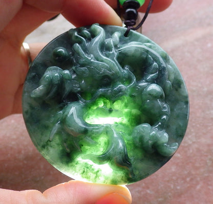 Certified Hand Carved Green Natural Burma A Jade Jadeite Dragon Bead Ruyi Pendant Necklace