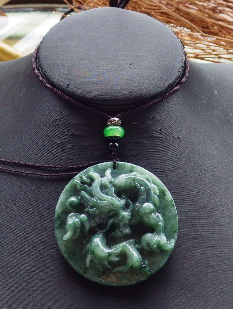 Certified Hand Carved Green Natural Burma A Jade Jadeite Dragon Bead Ruyi Pendant Necklace