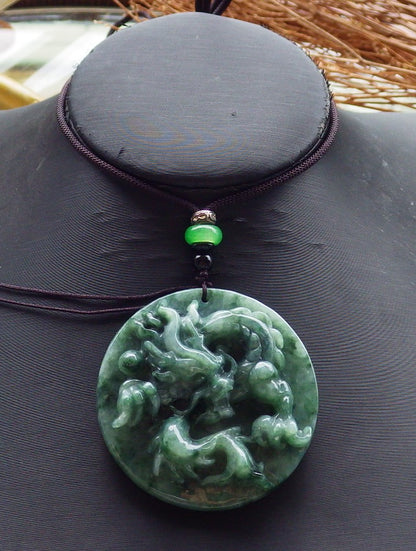 Certified Hand Carved Green Natural Burma A Jade Jadeite Dragon Bead Ruyi Pendant Necklace