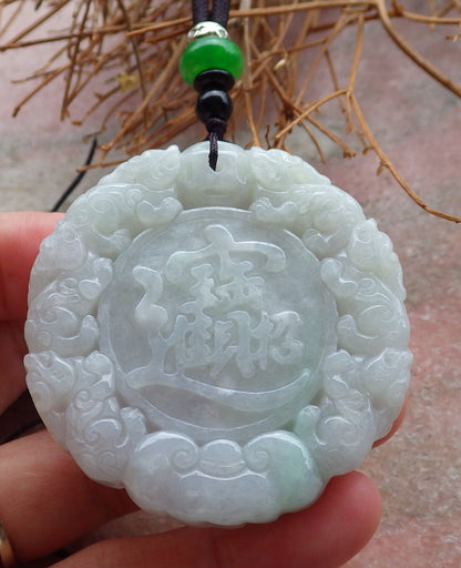 Certified Hand Carved Green Natural Burma A Jade Jadeite Dragon Ruyi Lotus Pi xiu Lucky Chinese Word Amulet Pendant Necklace