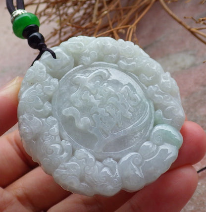 Certified Hand Carved Green Natural Burma A Jade Jadeite Dragon Ruyi Lotus Pi xiu Lucky Chinese Word Amulet Pendant Necklace