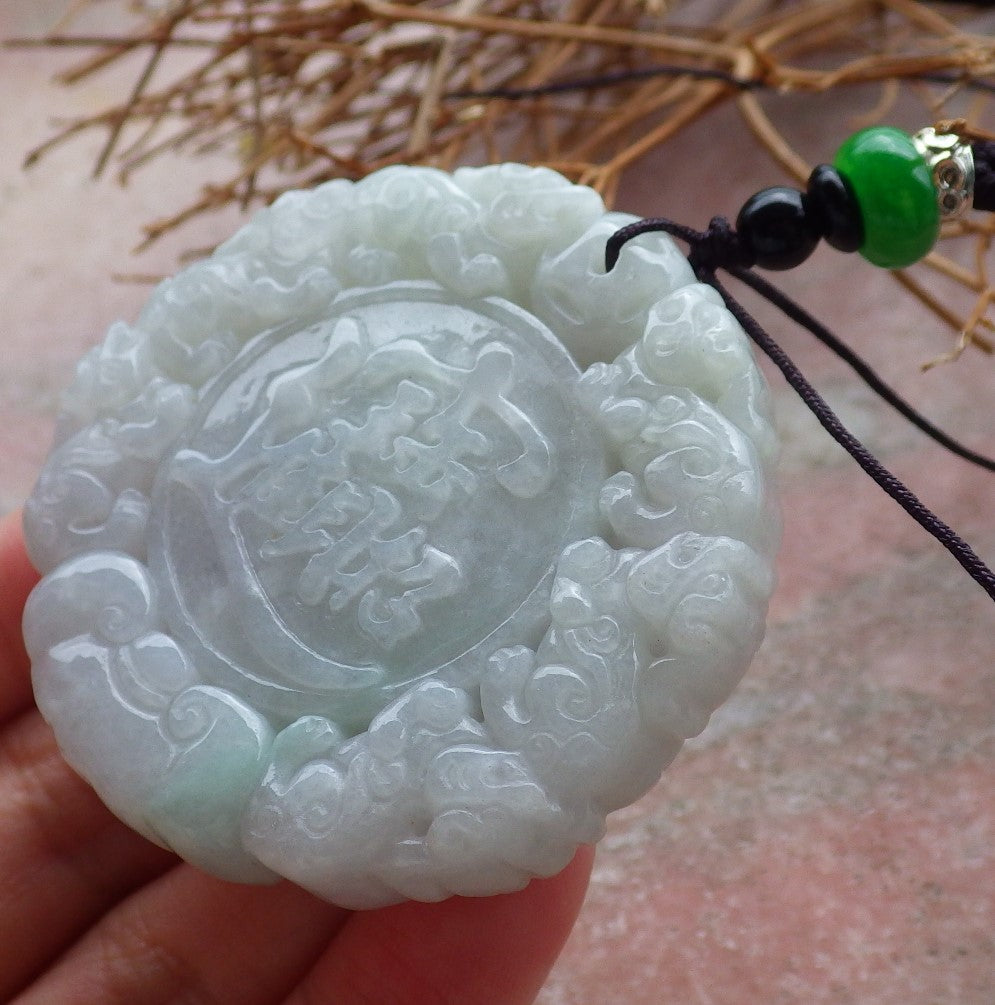 Certified Hand Carved Green Natural Burma A Jade Jadeite Dragon Ruyi Lotus Pi xiu Lucky Chinese Word Amulet Pendant Necklace