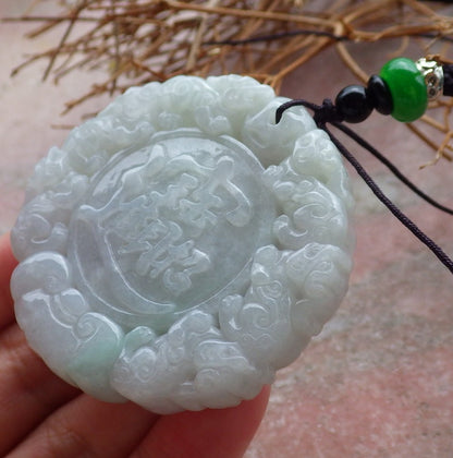 Certified Hand Carved Green Natural Burma A Jade Jadeite Dragon Ruyi Lotus Pi xiu Lucky Chinese Word Amulet Pendant Necklace