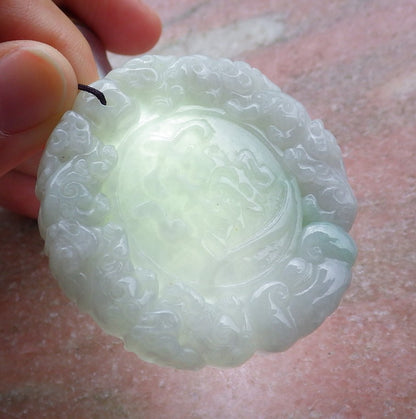 Certified Hand Carved Green Natural Burma A Jade Jadeite Dragon Ruyi Lotus Pi xiu Lucky Chinese Word Amulet Pendant Necklace