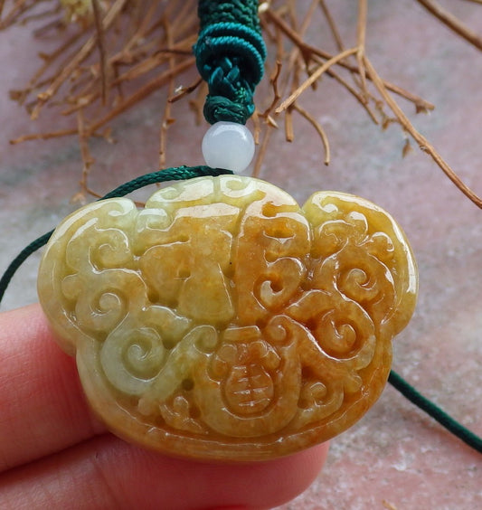 Certified Hand Carved Green Yellow Natural Myanmar Burma A Jade jadeite Bat Fu Lotus Ruyi Flower Pendant Necklace