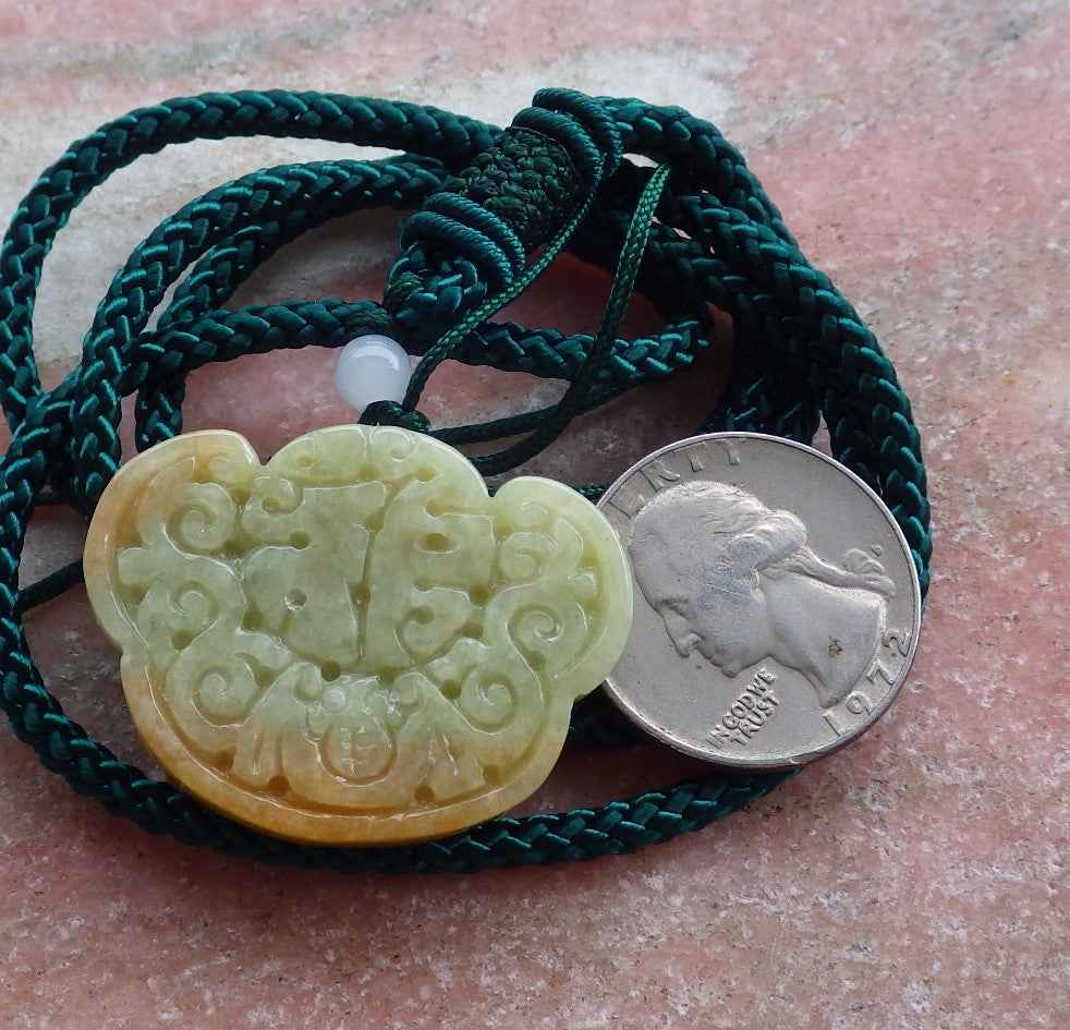 Certified Hand Carved Green Yellow Natural Myanmar Burma A Jade jadeite Bat Fu Lotus Ruyi Flower Pendant Necklace