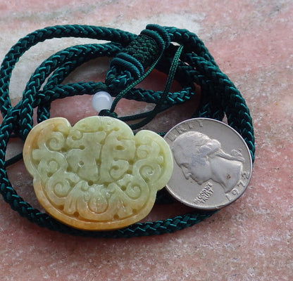 Certified Hand Carved Green Yellow Natural Myanmar Burma A Jade jadeite Bat Fu Lotus Ruyi Flower Pendant Necklace