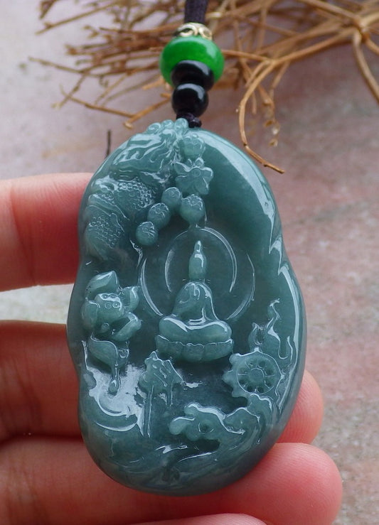 Certified Hand Carved Green Natural Burma A Jade Jadeite Guanyin Kwan Yin Buddha God Flower Lotus Pendant Necklace