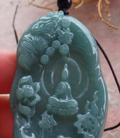 Certified Hand Carved Green Natural Burma A Jade Jadeite Guanyin Kwan Yin Buddha God Flower Lotus Pendant Necklace