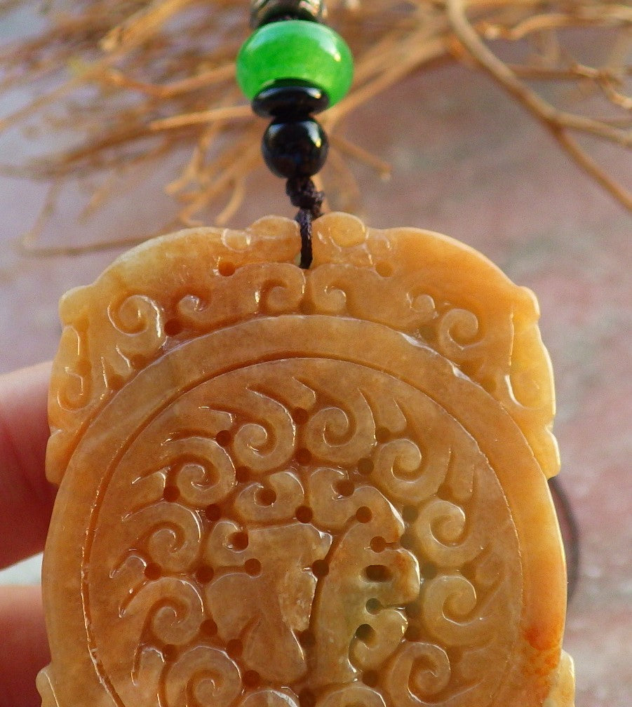 Certified Hand Carved Green Yellow Natural Myanmar Burma A Jade jadeite Dragon Phoenix Bat Fu Lotus Ruyi Flower Pendant Necklace