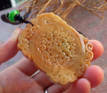 Certified Hand Carved Green Yellow Natural Myanmar Burma A Jade jadeite Dragon Phoenix Bat Fu Lotus Ruyi Flower Pendant Necklace