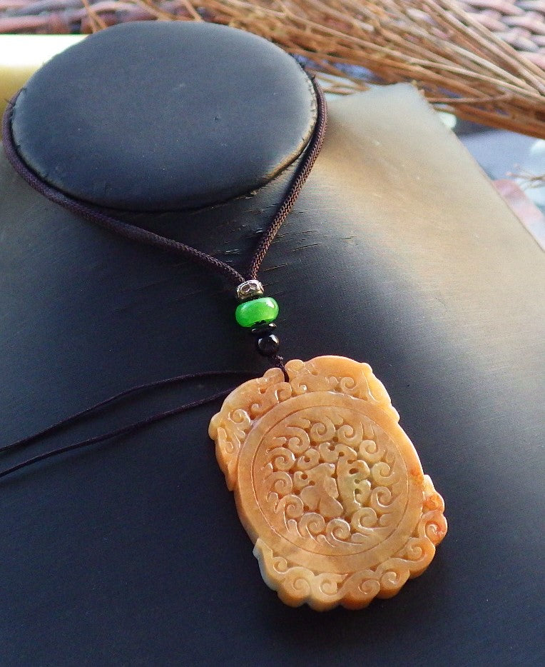 Certified Hand Carved Green Yellow Natural Myanmar Burma A Jade jadeite Dragon Phoenix Bat Fu Lotus Ruyi Flower Pendant Necklace