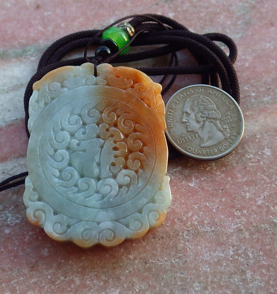 Certified Hand Carved Green Yellow Natural Myanmar Burma A Jade jadeite Dragon Phoenix Bat Fu Lotus Ruyi Flower Pendant Necklace