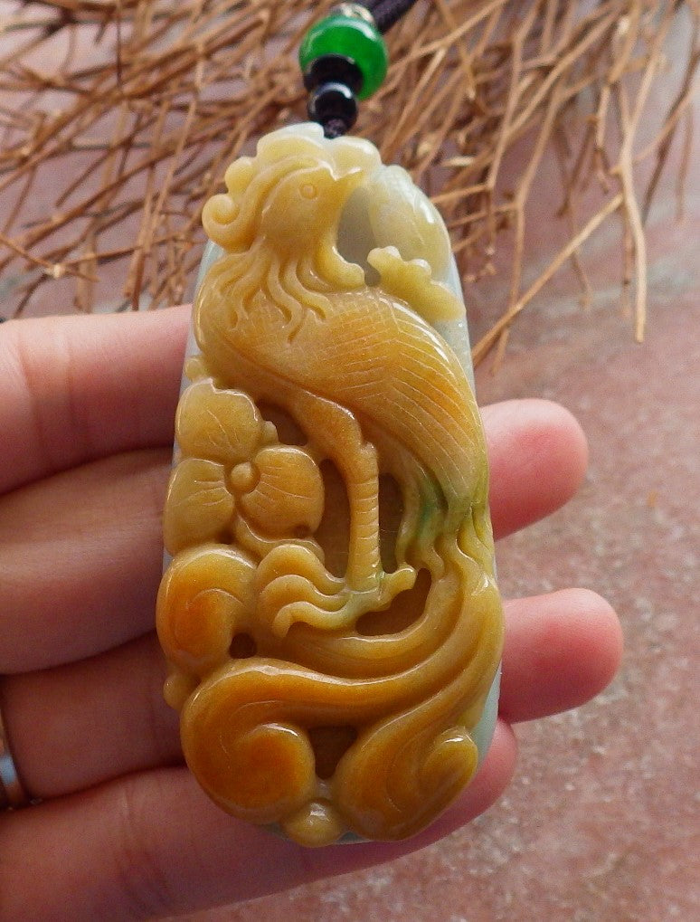 Certified Hand Carved Natural Myanmar Burma Grade A Jade jadeite Zodiac Rooster Phoenix Bird Lotus Flower Lucky Amulet Pendant Necklace