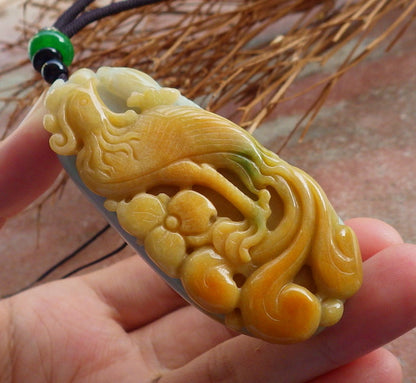 Certified Hand Carved Natural Myanmar Burma Grade A Jade jadeite Zodiac Rooster Phoenix Bird Lotus Flower Lucky Amulet Pendant Necklace