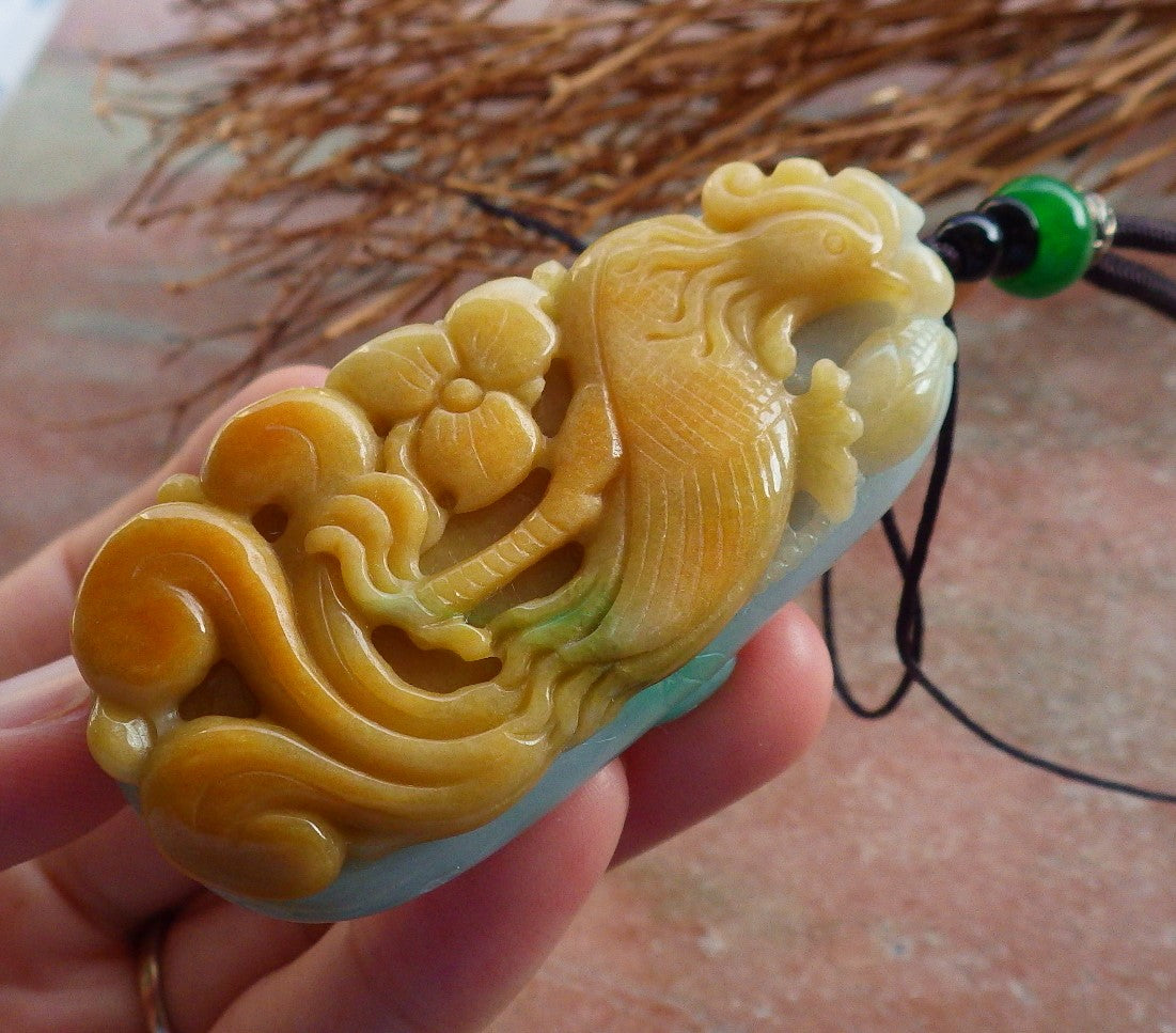 Certified Hand Carved Natural Myanmar Burma Grade A Jade jadeite Zodiac Rooster Phoenix Bird Lotus Flower Lucky Amulet Pendant Necklace