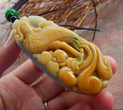 Certified Hand Carved Natural Myanmar Burma Grade A Jade jadeite Zodiac Rooster Phoenix Bird Lotus Flower Lucky Amulet Pendant Necklace