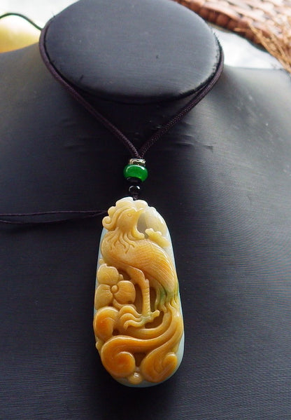 Certified Hand Carved Natural Myanmar Burma Grade A Jade jadeite Zodiac Rooster Phoenix Bird Lotus Flower Lucky Amulet Pendant Necklace