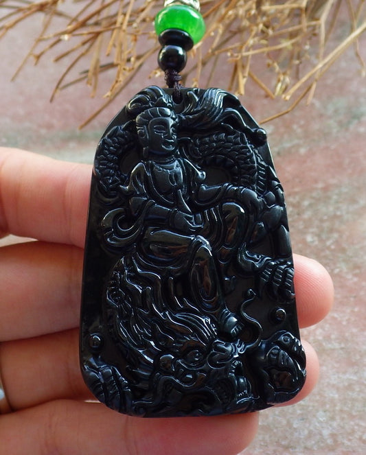 Certified Hand Carved Dark Green Black Natural Myanmar Burma A Jade Jadeite Dragon Guanyin Kwan Yin Bead Beads Pendant Necklace