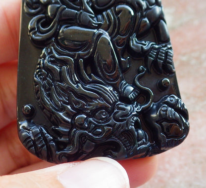 Certified Hand Carved Dark Green Black Natural Myanmar Burma A Jade Jadeite Dragon Guanyin Kwan Yin Bead Beads Pendant Necklace