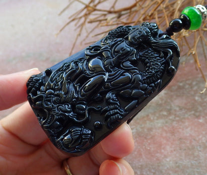 Certified Hand Carved Dark Green Black Natural Myanmar Burma A Jade Jadeite Dragon Guanyin Kwan Yin Bead Beads Pendant Necklace