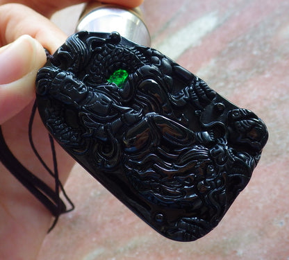 Certified Hand Carved Dark Green Black Natural Myanmar Burma A Jade Jadeite Dragon Guanyin Kwan Yin Bead Beads Pendant Necklace