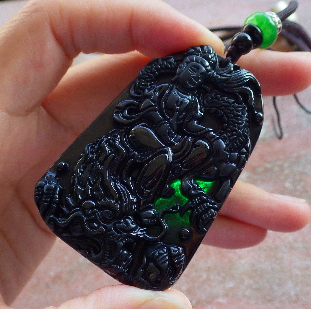 Certified Hand Carved Dark Green Black Natural Myanmar Burma A Jade Jadeite Dragon Guanyin Kwan Yin Bead Beads Pendant Necklace