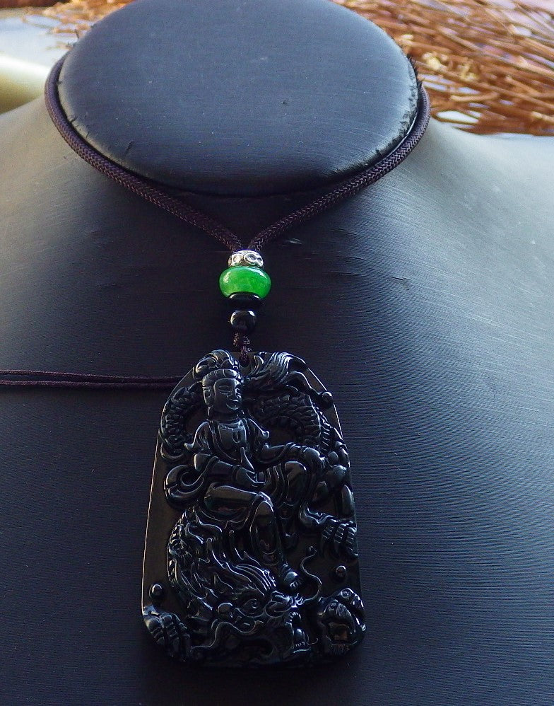 Certified Hand Carved Dark Green Black Natural Myanmar Burma A Jade Jadeite Dragon Guanyin Kwan Yin Bead Beads Pendant Necklace