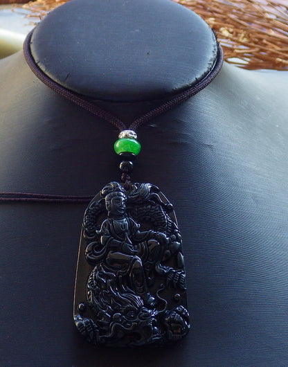 Certified Hand Carved Dark Green Black Natural Myanmar Burma A Jade Jadeite Dragon Guanyin Kwan Yin Bead Beads Pendant Necklace